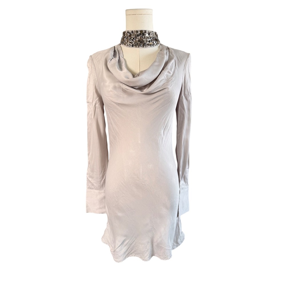 GUESS Los Angeles Embellished Jewel Neck Cowl Mini Dress Grey Silver Size 0
